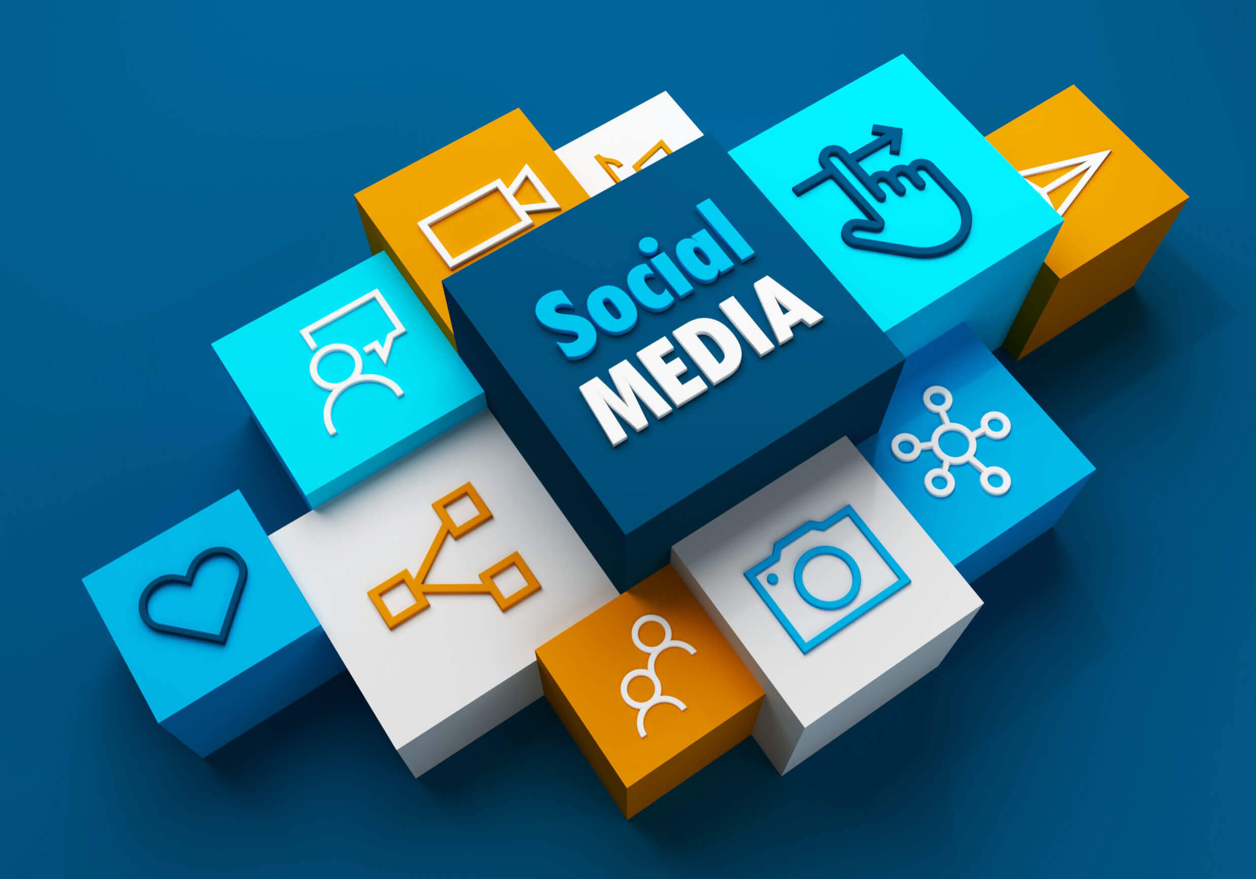 Perspective view of 3D render of SOCIAL MEDIA business concept with symbols on colorful cubes